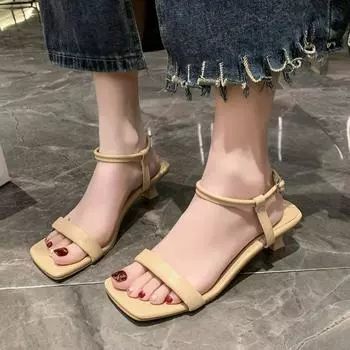 Сандалии женские милые высококачественные бежевые туфли из искусственной кожи с пряжкой на высоком каблуке женские удобные стильные туфли на европейском каблуке 35 чёрный