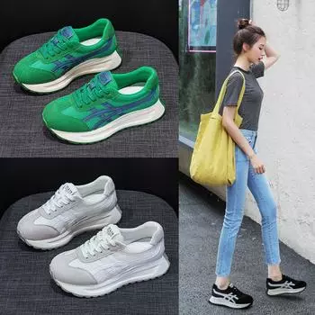 Обувь из сетчатой кожи с пескоструйным эффектом, осенняя, на толстой подошве, в стиле ретро, повседневная, для бега, спортивная, женская 34 зелёный