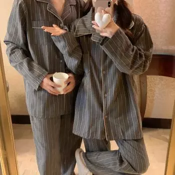 Пижамный комплект Sanding Striped Couple Sleepwear Осень-зима Пижамный комплект с длинными рукавами и брюками для сна Домашний костюм Удобная женская пижама S чёрный