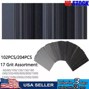 Sandpaper Assorted Wet/Dry Sand Paper 204/102PCS 60 to 3000 Grit Abrasive Paper For Automotive Sanding Wood Furniture Finishing 102PCS