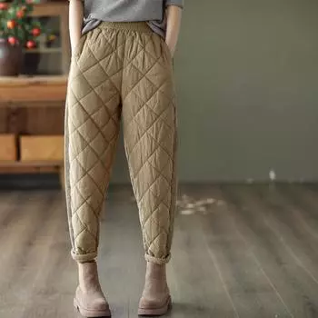 Сэндвич-хлопок утолщение литературный ретро женские зимние хлопковые брюки эластичный пояс завязывающиеся на шнурок брюки-шаровары теплые брюки S хаки