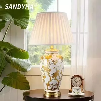 SANDYHA Luxury Classical Ceramic Desk Lamp Bedroom Decor Table Lights for Living Room Sofa Home Fabric Lampshade Indoor Lighting Warm light