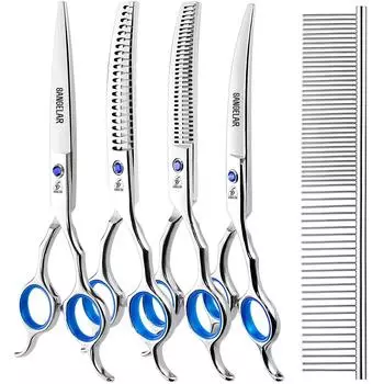 SANGELAR Профессиональный набор для ухода за домашними животными длиной 6,5 дюйма, прямые и изогнутые ножницы, 2 филировочных ножницы (20%-55%), Кровоостанавливающий зажим, расческа и премиум-кейс 6.5 inch разноцветный