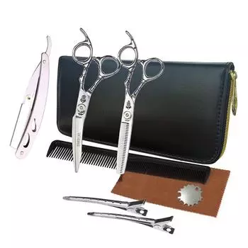Sangelar 6-дюймовый профессиональный набор парикмахерских ножниц, ножницы для стрижки волос, изогнутые режущие ножницы, бритва, семейные парикмахерские инструменты, набор для парикмахерского салона 6 inch Set серебряный