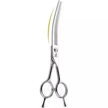 Sangelar 7 дюймов серебряные профессиональные изогнутые филировочные ножницы для ухода за домашними животными (Доступны два уровня прореживания, двустороннее использование) Remove Hair 20%-35% серебряный