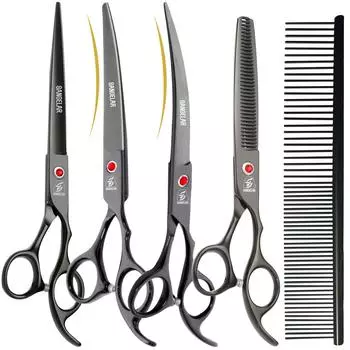 Sangelar 7-дюймовые черные ножницы для ухода за домашними животными, набор профессиональных ножниц для домашних животных, набор инструментов для резки, плотные истонченные ножницы, набор изогнутых ножниц вверх-вниз 7 inch with 1 thinner чёрный
