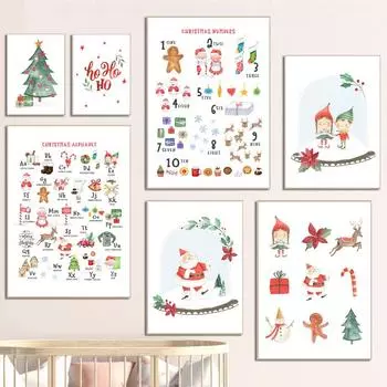 Сани Санта-Клауса Снеговик Рождественская елка Алфавит Искусство Холст Картина Плакаты на скандинавскую тему и принты Настенные картины для декора детской комнаты Без рамки 21*30cm