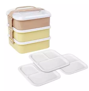Sanko Plastic Bento Box Picnic Case Rio Pack 3 Tiers with 3 Plates Earth Beige Width x Depth 19 x Height 20 cm Approx. 20.2