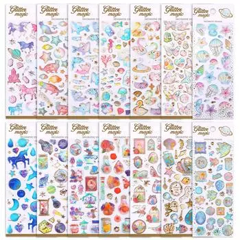 SANNIX Glitter 14 Reward Notebook Pukupuku Glitter 3D Deco Schedule Морская жизнь и бабочки Цветы Наклейки, Девочки, Листы, Наклейки, Наклейки,