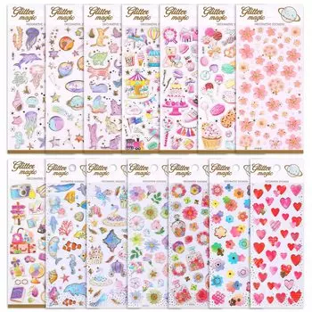 SANNIX Glitter 14 Reward Notebook Pukupuku Glitter 3D Deco Schedule Star Flowers and Seashell Jelly Fish Stickers, Girls, Sheets, Stickers, Stickers,