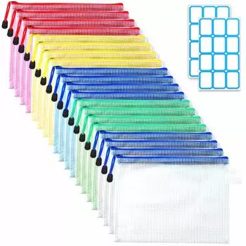 SANNIX Набор из 20 папок-пакетов на молнии A5 5 цветов Папки-пакеты с наклейками-этикетками Водонепроницаемая папка для чеков Офисные принадлежности Организация Хранение