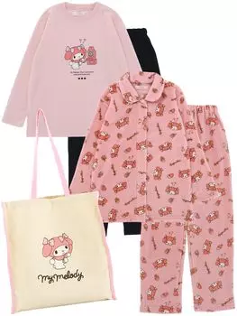 Sanrio Characters My Melody Cinnamoroll Kuromi Room Wear Пижама с длинным рукавом Сумка-тоут из 3 предметов Осень-зима ML Розовый [Kaitak Family] Для женщин (М,