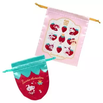 Sanrio Drawstring Bag Set of 2 Newspaper 50th Sanrio Characters Small Item Storage Polyester 463175 (Strawberry Anniversary)