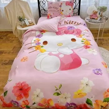 Sanrio Hello Kitty Пододеяльник из 3 предметов Одинарный Котенок HelloKitty Цветочный Узор Персонаж Котенок SS-21-201-56 персиковый