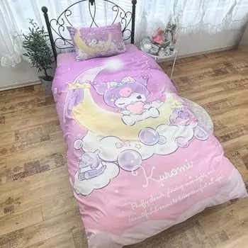 Sanrio Комплект из 3 пододеяльников Kuromi, одинарный пододеяльник с милым персонажем, наволочка на резинке, простыня, стильное покрывало, которое можно стирать SB-681-S