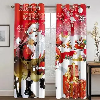 Santa Claus and Elk 3D Digital Printing Bedroom Living Room Window High Shading Curtains 2 Panels Merry Christmas Blackout Drape W55 X H120cm X 2&HOOK