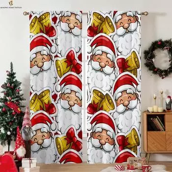Santa Claus Bell Cartoon Printed Curtains Polyester Fiber Children s Room Restaurant Party Window Decoration Curtains 2 Pieces W50xH130(CM)x2PCS&Grommet Top