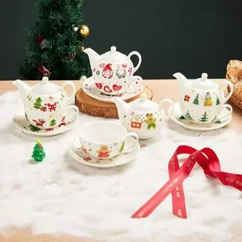 Santa Claus Ceramic Teapot and Dish Gold Plated Tea Set Combination Large Capacity Christmas Tea Set Suit Christmas Gift Box