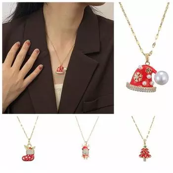 Santa Claus Christmas Rhinestone Necklace Deer Xmas Clavicle Chain Cartoon Pendant Bracelet Girl Christmas Tree