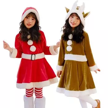 Santa Claus Costume Girls Christmas Costume Kids Santa Reindeer Costume Children Santa Cosplay Red Brown Santa Clothes 110 120 130 140 e0493 [monoii]