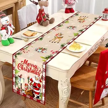 Santa Claus Gift Box Christmas Linen Table Runner Winter Dresser Scarf Xmas Table Runners for Holiday Wedding Party Table Decor 150x33cm 59x13inch