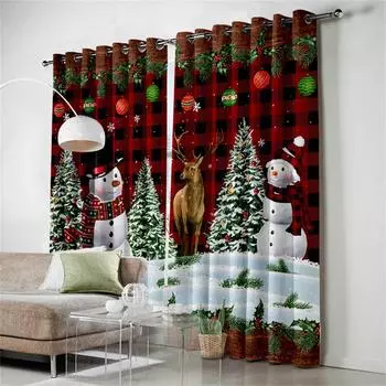Santa Claus Happy New Year Christmas Tree Red Green Window Curtains For Kids Bedroom Living Room Home Decor Navidad Natal 2024 50W130H(CM)X2&HOOK