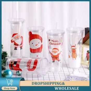 Santa Cup Holiday Design Cartoon Cup Lovely Holiday Drinkware Double Layer Cup Unique Christmas Gift Plastic Cup Durable