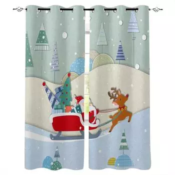 Santa Elk Snow Merry Christmas Sleigh Tree Blackout Curtains Kids Home Decor Bedroom Living Room High Shading Window Curtains W135 x H60cm