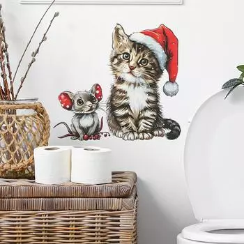 Санта Китти Мышь Санта-Шляпа Ванная комната Туалет с наклейками для украшения дома 27*29CM/fun-m219
