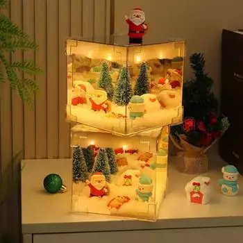 Санта-Клаус Ночной светильник Рождественский декор Ночной светильник DIY Рождественская снежная сцена Светящийся куб Домашние рождественские украшения Внутренние праздничные