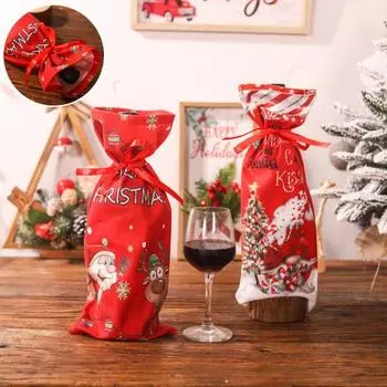 Санта-Клаус Олень Бутылка Шнурок Рождественская елка Узор Крышка для вина Ткань Рукав для бутылки вина Веселый красный