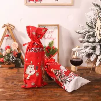 Санта-Клаус Олень Рождественская елка с рисунком Крышка для бутылки вина Шнурок Ткань Рукав для бутылки вина Веселые рождественские украшения Рождественский декор стола