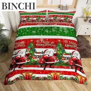 Санта-Клаус Пододеяльник Рождественская тема Веселый Рождественский комплект постельного белья для детей Мальчики Девочки Роскошные снежинки Красный Зеленый Рождественский декор комнаты EU single(135x200cm)