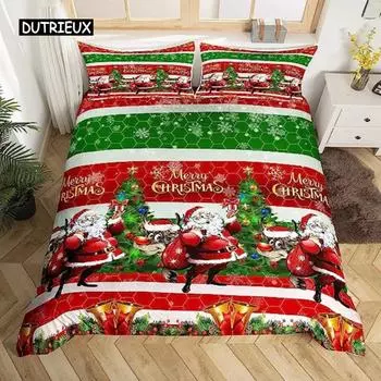 Санта-Клаус Пододеяльник Рождественская тема Веселый Рождественский комплект постельного белья для детей Мальчики Девочки Роскошные снежинки Красный Зеленый Рождественский декор комнаты EU single(135x200cm)