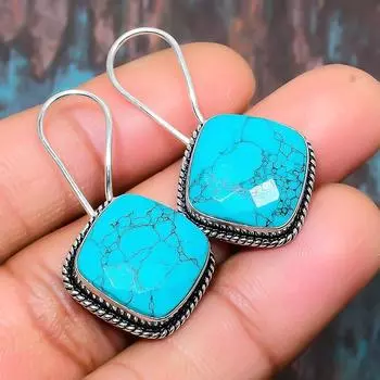 Санта-Роза Бирюзовый драгоценный камень стерлингового серебра 925 пробы Уникальная ювелирная серьга ручной работы 1.38 Inches синий