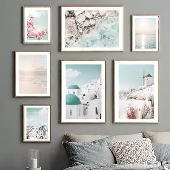 Санторини Белый Дом Пляж Морской Портал Цветы Камень Скандинавский Плакат Принт Холст Картины Стены Искусства Фотографии Декор Гостиной 21X30cm No Frame