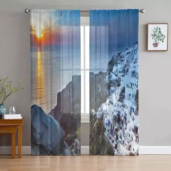Santorini Island In Greece Sunset Chiffon Sheer Curtains for Living Room Bedroom Kitchen Decoration Window Voiles Tulle Curtain 135W x 114H(cm)