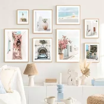 Санторини, пляж, приморский город, пейзажные постеры, цветы, велосипед, настенная живопись на холсте и принты, картина для декора гостиной 21*30cm