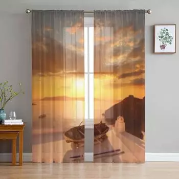 Санторини со старой вазой, лодкой, крышей, греческие шифоновые прозрачные шторы для гостиной, спальни, оконные занавески, вуали, тюль Cortinas 135W x 114H(cm)