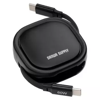 Sanwa Direct retractable charging cable USB-C PD60W fast charging 1.2m data transfer Both pulls reel type charging compact black 500-USB086BK