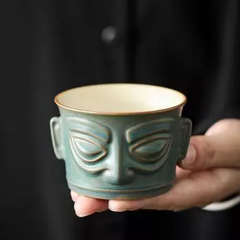 Sanxingdui Bronze Mask Master Mug,110ml Ceramic Teacup Espresso Coffee Cup Chinese Retro Tasting Small Tea Bowl Coffeeware Below 200mL