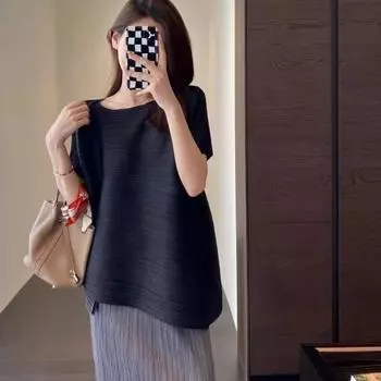 Sanzhai Creative and Original Export New Elegant Socialite Pure Color Width Plaid Oblique Swing Tops Package Hip Skirt Summer Wear Women Black Tops All yards