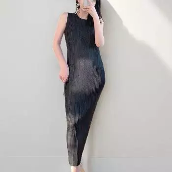 Sanzhai Pleated Sleeveless Long Casual Straight Dress Black One size
