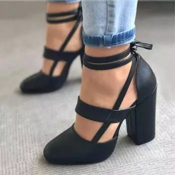 Туфли-лодочки Sapatos Feminino, размер 35-43, летние гладиаторские туфли на высоком каблуке для вечеринки, свадьбы, модные туфли на толстом каблуке со шнуровкой, женские, черные 35