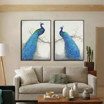Сапфир Павлин Картина Маслом Холст Ткань Настенный Плакат Благородный Художественное Ремесло для Украшения Дома Романтический Свадебный Сувенир 40x60cm No Frame