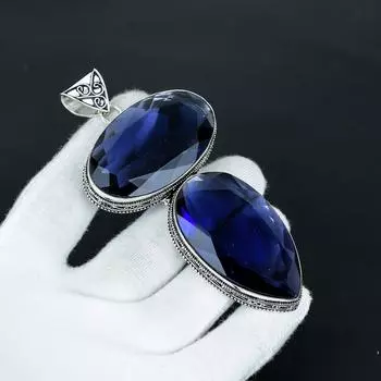 Сапфир Синий Драгоценный Камень Гигантского Размера Ручной Работы Ювелирное Изделие Подвеска из Стерлингового Серебра 925 пробы, Подвеска Большого Размера для Подарков, Подвеска с Двойным Сапфировым Драгоценным Камнем в Подарок 2.54 синий