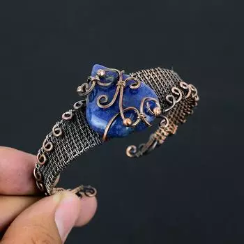 Сапфир(Смоделированный) Браслет из медной проволоки с драгоценными камнями, регулируемый, ручной работы, f4w76