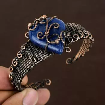 Сапфир(Смоделированный) Браслет из медной проволоки с драгоценными камнями, регулируемый, ручной работы, U1w67