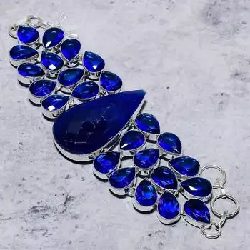 Сапфир натуральный голубой топаз браслет ручной работы из стерлингового серебра 925 пробы 8 дюймов H6S44