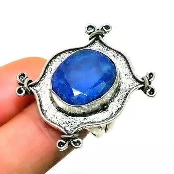 Сапфир(Смоделированный) Ювелирное кольцо ручной работы с драгоценным камнем 925 пробы, посеребренное, размер 7